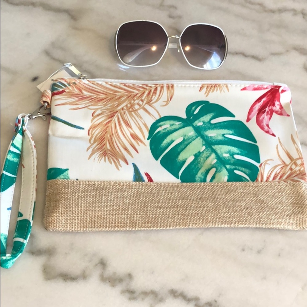 WHITE TROPICAL PRINT WRISTLET COSMETIC BAG - Picture 1 of 5